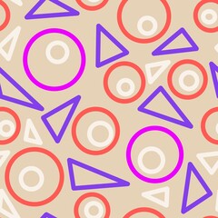 Seamless pattern of geometric shapes on a light pink background for textiles. Dynamic composition of red, purple, white circles and white, blue triangles for wrapping, wallpaper.