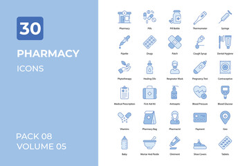 Pharmacy icons collection. Set contains such Icons as medicine, injection, online pharmacy, and more