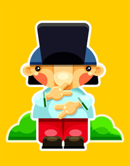 Obraz premium Sticker. Boy in a cap. A character in colored clothing holds his hands in front of him. The guy on the background. Cool.