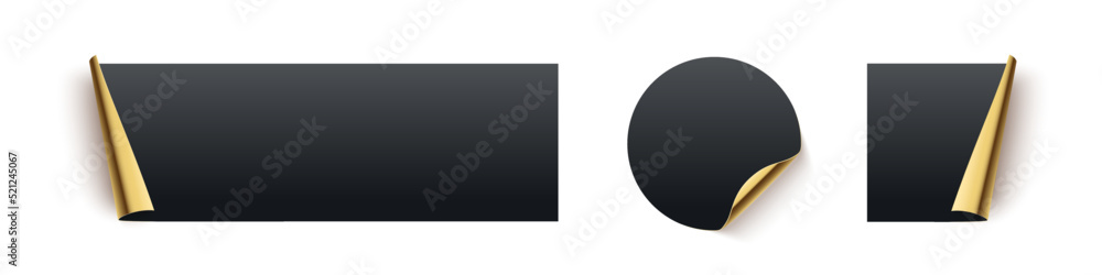 Poster black glued square, circle and rectangle stickers with gold curling edges. 3d blank paper labels vec