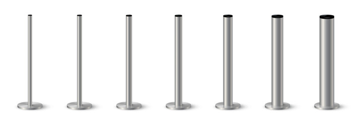 3d metal pole signpost on base vector illustrations set. Realistic grey steel, iron or chrome pillars with polished surface, vertical different diameter cylinder pipe holders for board or flag