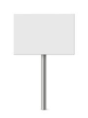 Empty metal sign post vector illustration. Realistic 3d blank steel signboard with blank placard for information and white plank, billboard panel on bollard, guidepost isolated on white background.