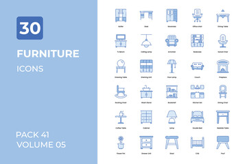 Fototapeta na wymiar Furniture icons collection. Set contains such Icons as bed, couch, sofa set, kitchen, and more