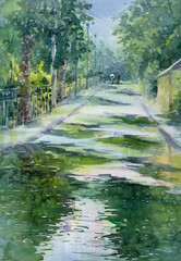 Rain in the street watercolor background. Green summer illustration
