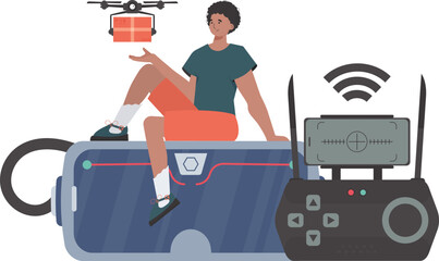 The concept of cargo delivery by air. A man controls a quadcopter with a package. Isolated on white background. Vector illustration.