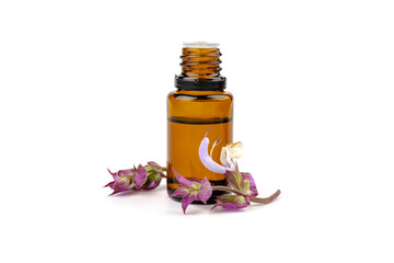 A bottle of essential oil with fresh blooming clary sage twigs on white background.