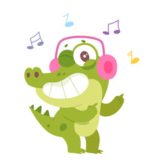 Obraz premium Cute green crocodile character wearing pink headphones to listen fun jungle music