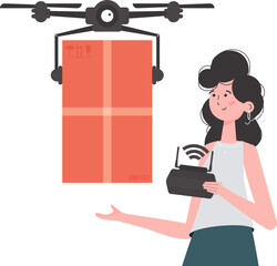 Delivery theme. A woman controls a drone with a parcel. Isolated. trendy style. Vector.