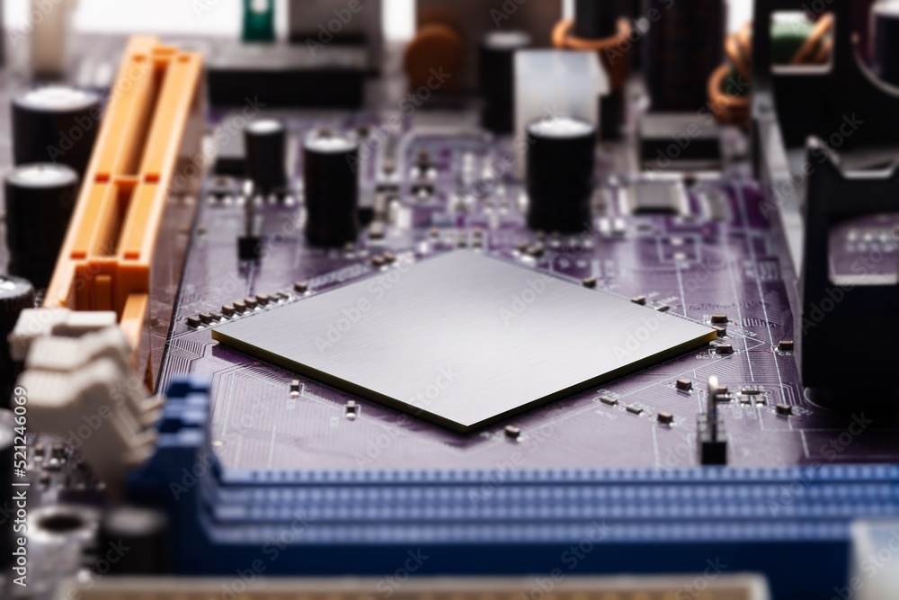 Poster printed circuit board with microchips and other components production process. electronics manufactu
