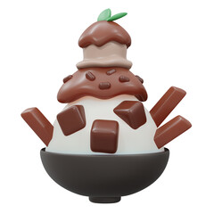 3D Rendering of chocolate red bean topping bingsu shaved ice isolated on white. 3d render cartoon style.