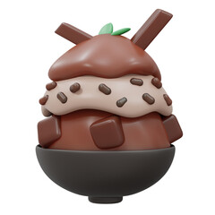 3D Rendering of chocolate red bean topping bingsu shaved ice isolated on white. 3d render cartoon style.