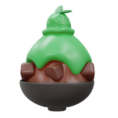 3D Rendering of chocolate green tea topping and ice cream bingsu shaved ice isolated on white. 3d render cartoon style.