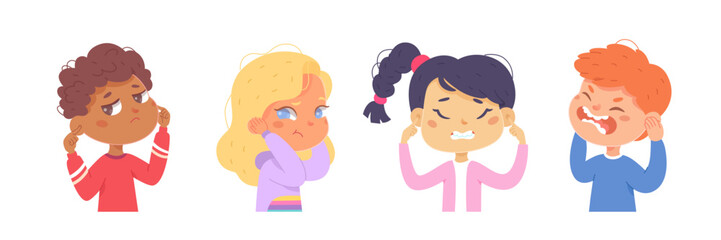 Children covering ears with fingers, action set, annoyed boys and girls ignoring sound
