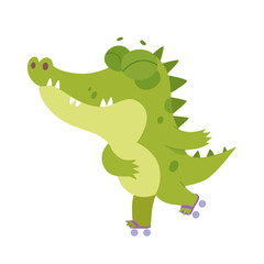 Cute crocodile character rollerblading, adorable funny tropical animal wearing skates