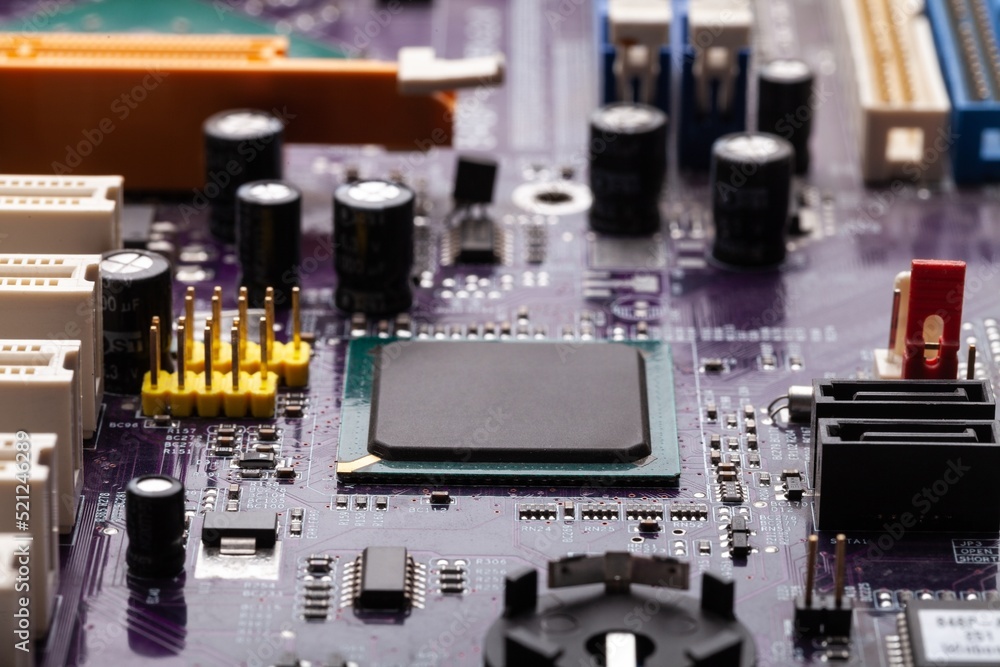 Poster printed circuit board with microchips and other components production process. electronics manufactu