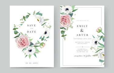 Fototapeta na wymiar Delicate, floral watercolor greeting template. Vector wedding invite, save the date, Valentine, greeting card design. Pink garden roses, anemone, white flowers, seeded eucalyptus, green leaves bouquet