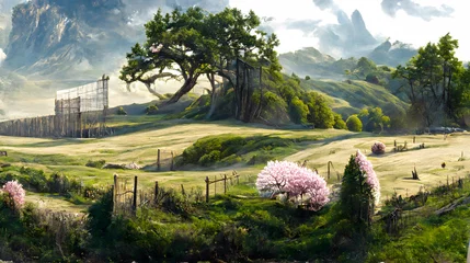 Gartenposter Artistic concept of painting a beautiful landscape of wild nature, with flowery meadows in the background. Tender and dreamy design, background illustration © 4K_Heaven