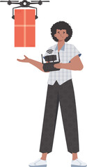 The theme of cargo delivery by air. A man controls a drone with a package. Isolated. Vector.