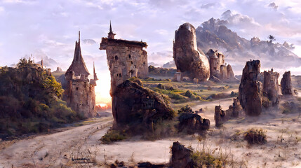 Fototapeta na wymiar Artistic concept painting of a beautiful wilderness landscape, with a picturesque castle in the background. Tender and dreamy design, background illustration.