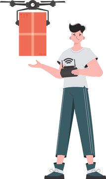 The concept of cargo delivery by air. A man controls a drone with a package. Isolated. trendy style. Vector illustration.
