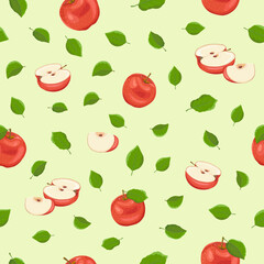 Seamless pattern. Red apples with leaves, apple halves and apple slices on a pale yellow background in a vector. Fruits, vitamins, iron. Proper nutrition. Harvesting apples. Vector illustration.