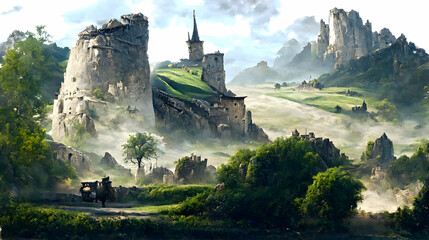 Fototapeta premium Artistic concept painting of a beautiful wilderness landscape, with a picturesque castle in the background. Tender and dreamy design, background illustration.