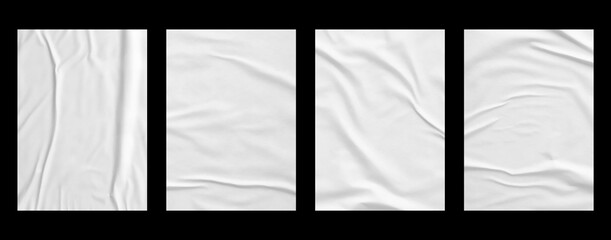 white crumpled and creased paper poster texture set isolated on black background