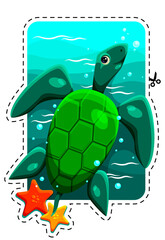 Fototapeta premium Sea turtle. Color sticker. Inhabitant of the seas and oceans. Green turtle and starfish.