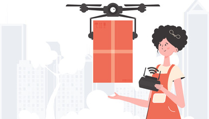 A woman controls a quadcopter with a parcel. The concept of cargo delivery by air. Flat modern design. Vector.
