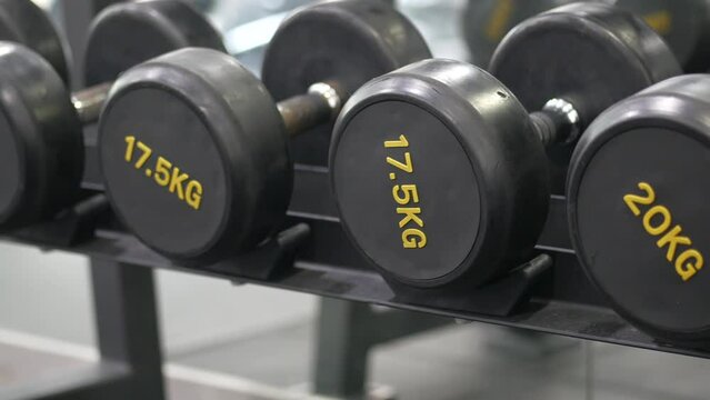Rows of dumbbells in the gym