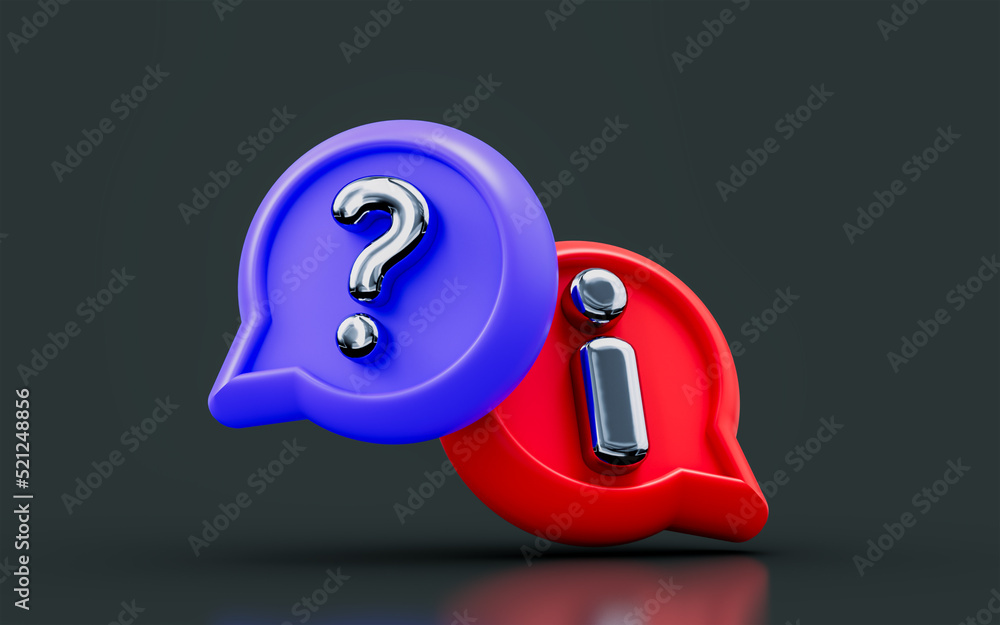 Poster speech bubble sign question mark with exclamation on dark background 3d render concept for attention