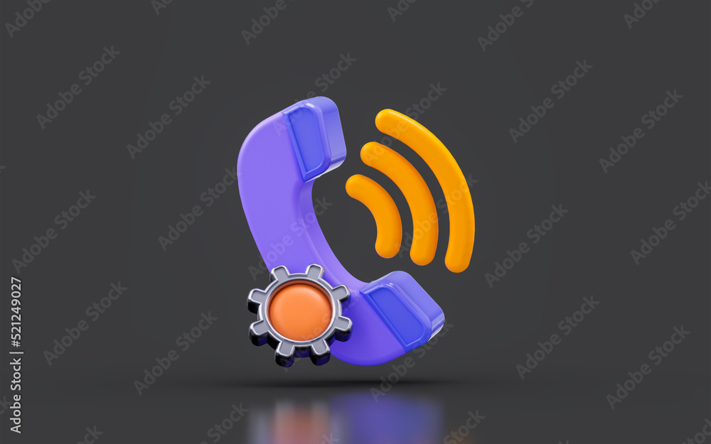 Poster phone call sign with gear wheel on dark background 3d render concept for network connection setting