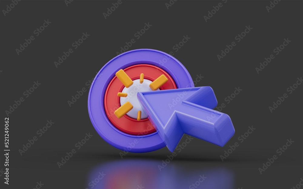 Poster cursor sign with bulls eye on dark background 3d render concept for target hit perfect selection