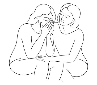 recommend clip art: Two sad girlfriends are sitting together. Upset woman covers her face with her hands and crying. Person is going through hard times. Woman supporting her friend