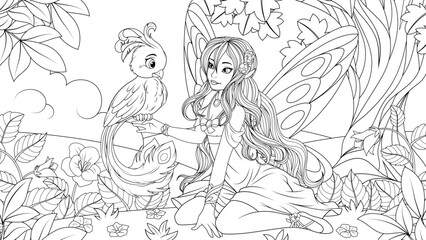 Fototapeta na wymiar Vector illustration, a beautiful young fairy sits on a fairy meadow with a fabulous bird
