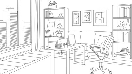Vector illustration, home office in loft style, in the big city