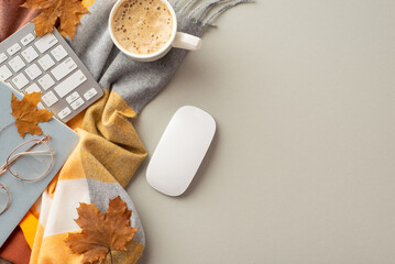 Autumn business concept. Top view photo of workspace fallen maple leaves keyboard computer mouse...