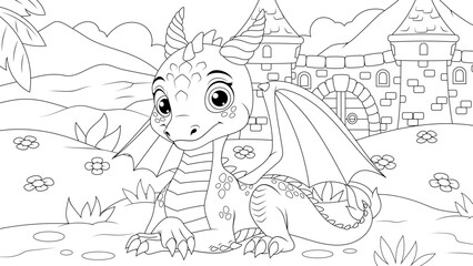 Vector illustration, cute little dragon lies on a clearing