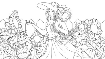 Vector illustration, beautiful cute girl in the garden among sunflowers, looks at the bird