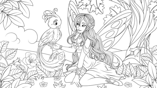 Vector illustration, a beautiful young fairy sits on a fairy meadow with a fabulous bird