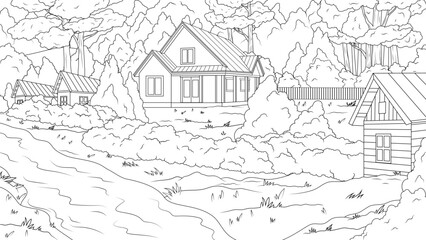 Vector illustration, village near the river among the forest