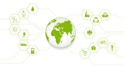 Green global Business template background with icons for Eco friendly and Sustainability concept with flat icons, vector illustration