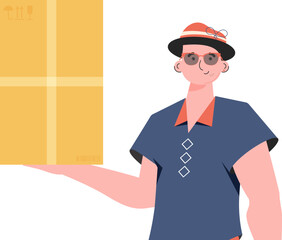 The man is depicted waist-deep and holding a parcel in his hands. Delivery concept. Isolated. trendy style. Vector illustration.