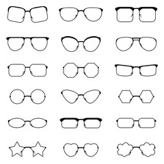 A selection of icons of glasses with black frames of various shapes in eighteen variants.