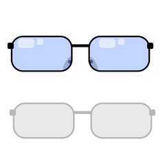 Vector illustration of rounded rectangle glasses with black frame and blue glass on a white background with shadow