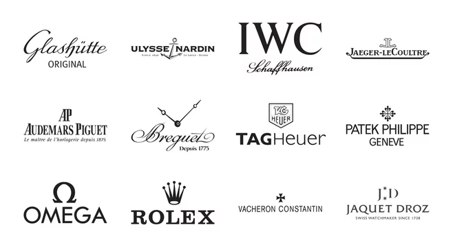 Vinnytsia, Ukraine - July 20, 2021. Set of luxury watches brand logo.  Rolex, Patek Philippe, Audemars Piguet, A.Lange S hne, Omega, Blancpain and  etc. Isolated logos vector isolated on transparent Stock Vector