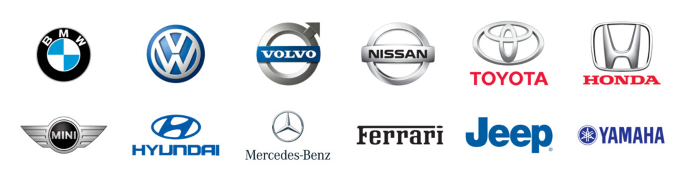 Best top world most Car logo collection: Ferrari, Yamaha, Mini Cooper, Mercedes Benz, Honda silver, TOYOTA, Volvo, BMW, Volkswagen, Editorial vector.