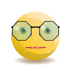 Naklejka premium Emoji round emoticon with yellow gradient, green eyes and octagonal glasses with black frame.