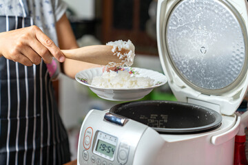 Housemaid scoop rice on plate.