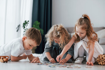 Naklejka premium Playing puzzle game. Group of children is together at home at daytime